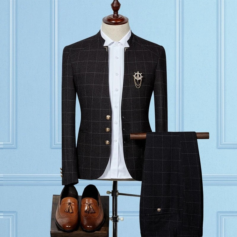 2 Piece Classic Black & Plaid Wedding Suits For Groom & Groomsmen-Prom Suits-BallBride