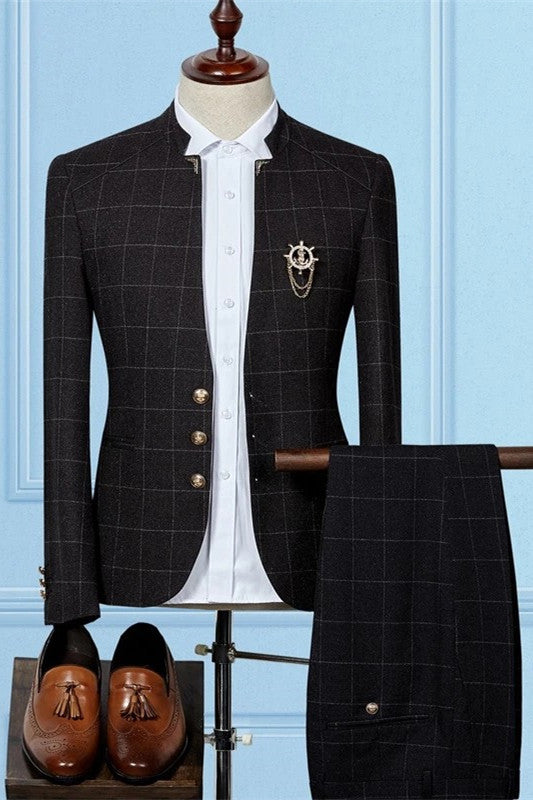 2 Piece Classic Black & Plaid Wedding Suits For Groom & Groomsmen-Prom Suits-BallBride