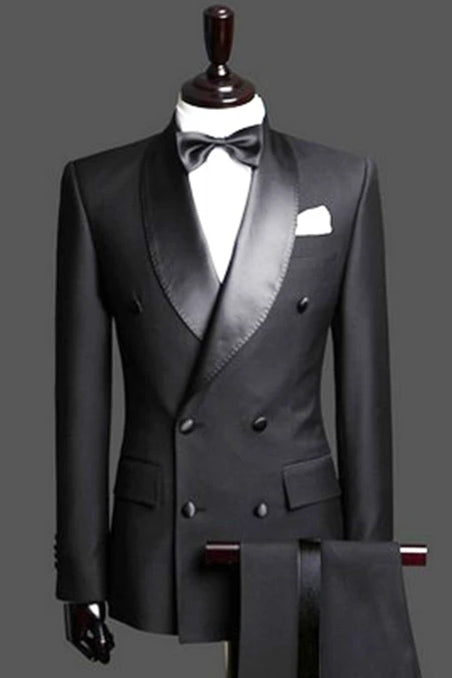 2 Piece Satin Lapel Fancy Black Double Breast Wedding Tailcoat Set-Wedding Suits-BallBride