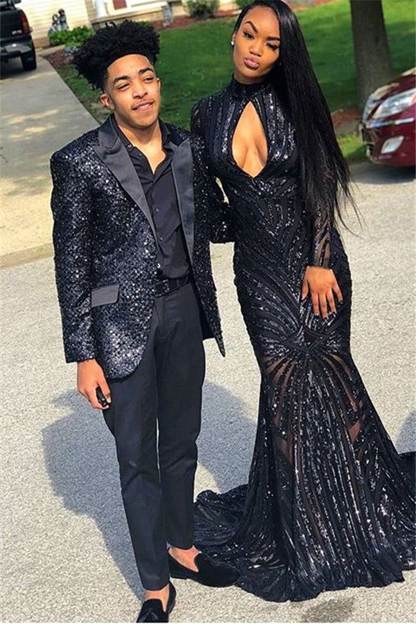 2 Pieces Black Sequins Marriage Blazer Suit with Peak Lapel On Sale-Prom Suits-BallBride