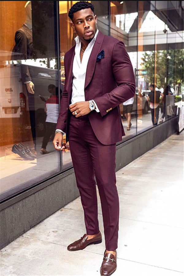 2 Pieces Burgundy Business Prom Suit with Shawl Lapel-Prom Suits-BallBride