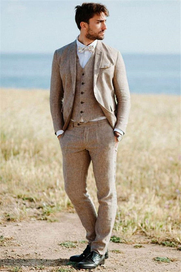 2020 Groom Wedding Tuxedos with 3 Pieces | Khaki Linen Summer Beach Mens Classic Suits-Wedding Suits-BallBride