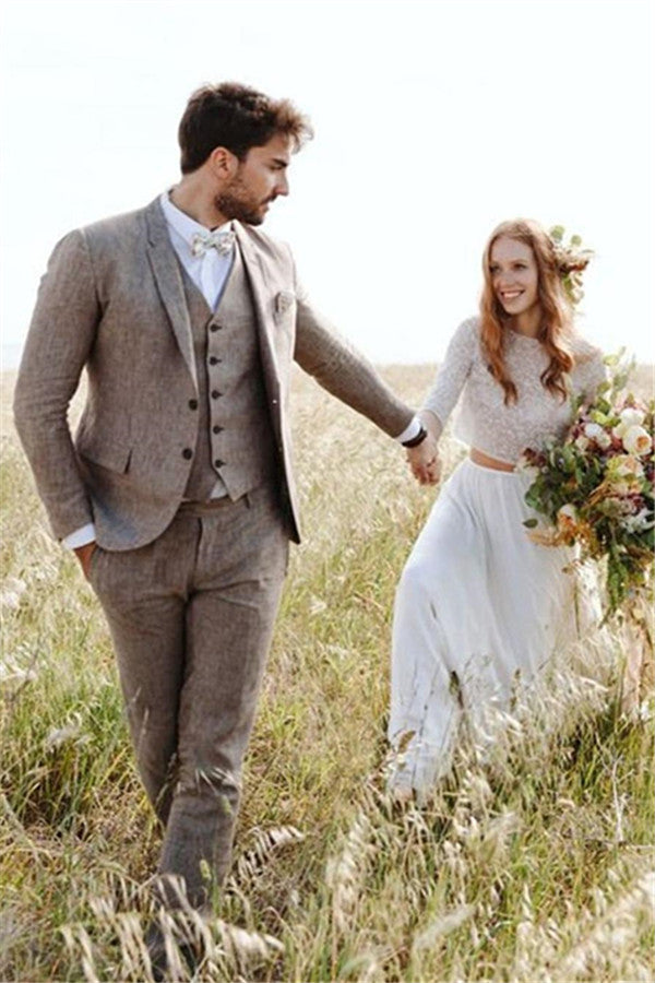 2020 Groom Wedding Tuxedos with 3 Pieces | Khaki Linen Summer Beach Mens Classic Suits-Wedding Suits-BallBride