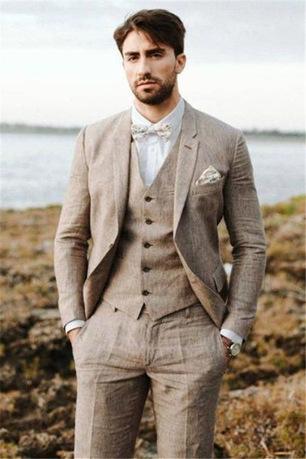 2020 Groom Wedding Tuxedos with 3 Pieces | Khaki Linen Summer Beach Mens Classic Suits-Wedding Suits-BallBride
