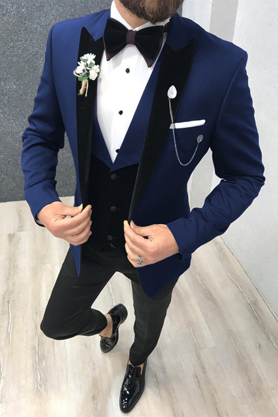 3 Piece Black-and-Blue Peak Lapel Wedding Suit with Waistcoat-Wedding Suits-BallBride