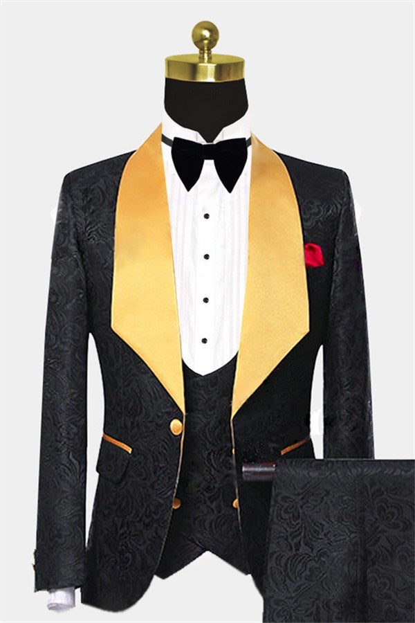 3 Piece Black Jacquard Lapel Shawl Suit for Men Prom-Business & Formal Suits-BallBride