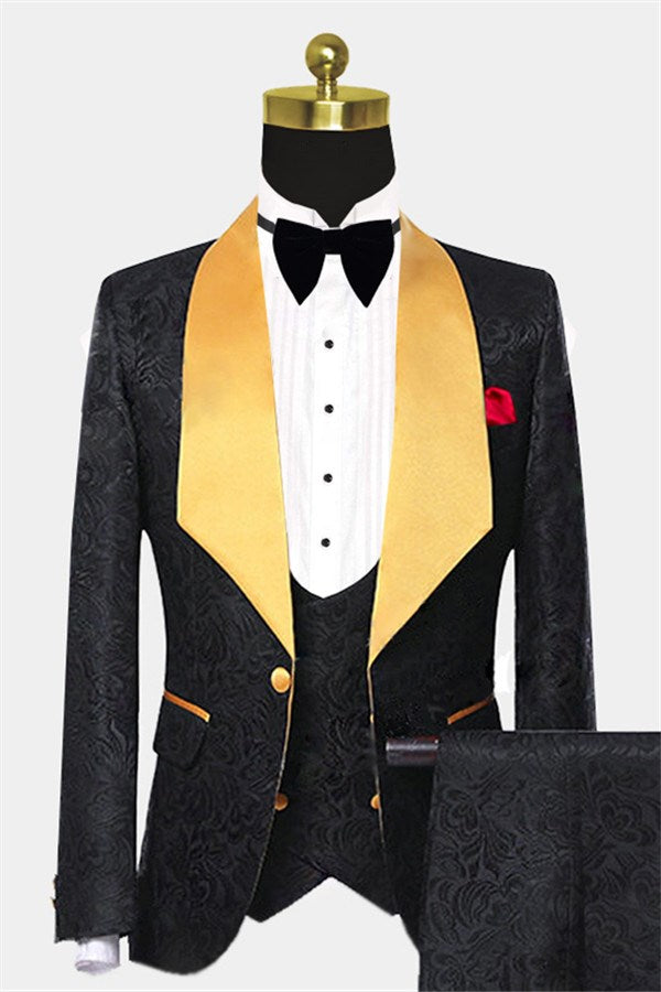 3 Piece Black Jacquard Shawl Lapel Suit For Men Wedding-Prom Suits-BallBride