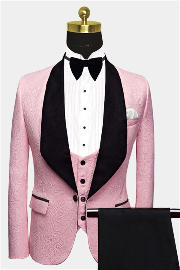 3 Piece Black Lapel Suit for Men's Wedding with Pink Jacquard-Prom Suits-BallBride