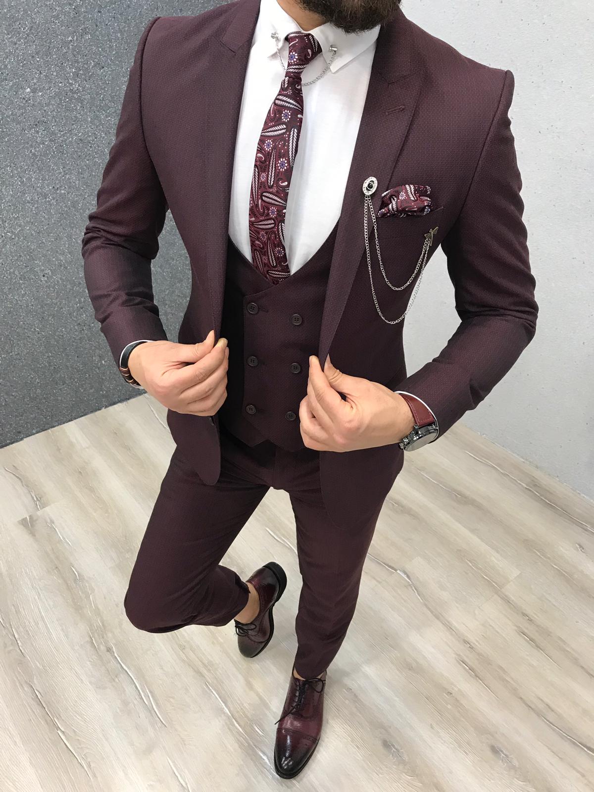 3 Piece Burgundy Reception Suit w/ Peaked Lapels - Handsome Look-Prom Suits-BallBride