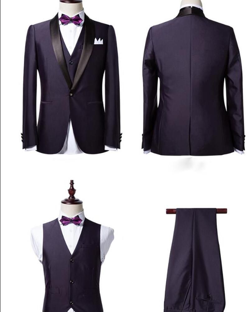 3 Piece Dark Purple Shawl Lapel Black Wedding Tuxedo-Wedding Suits-BallBride