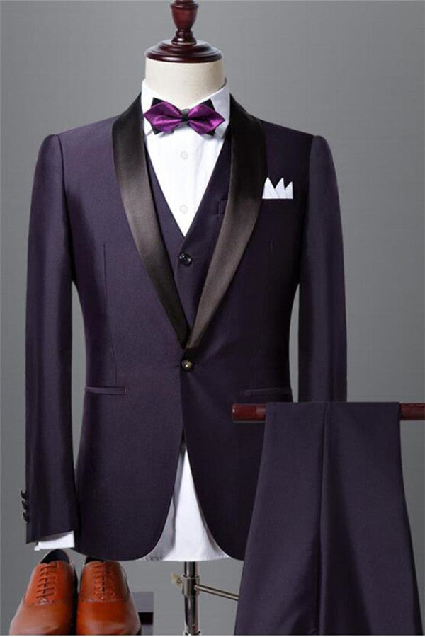 3 Piece Dark Purple Shawl Lapel Black Wedding Tuxedo-Wedding Suits-BallBride