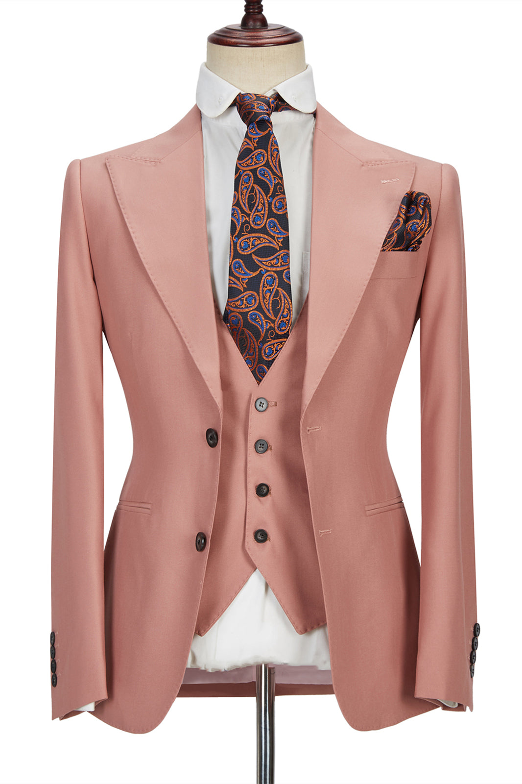 3 Piece Marriage Suit with Peak Lapel for Men - Pink 2 Buttons-Prom Suits-BallBride