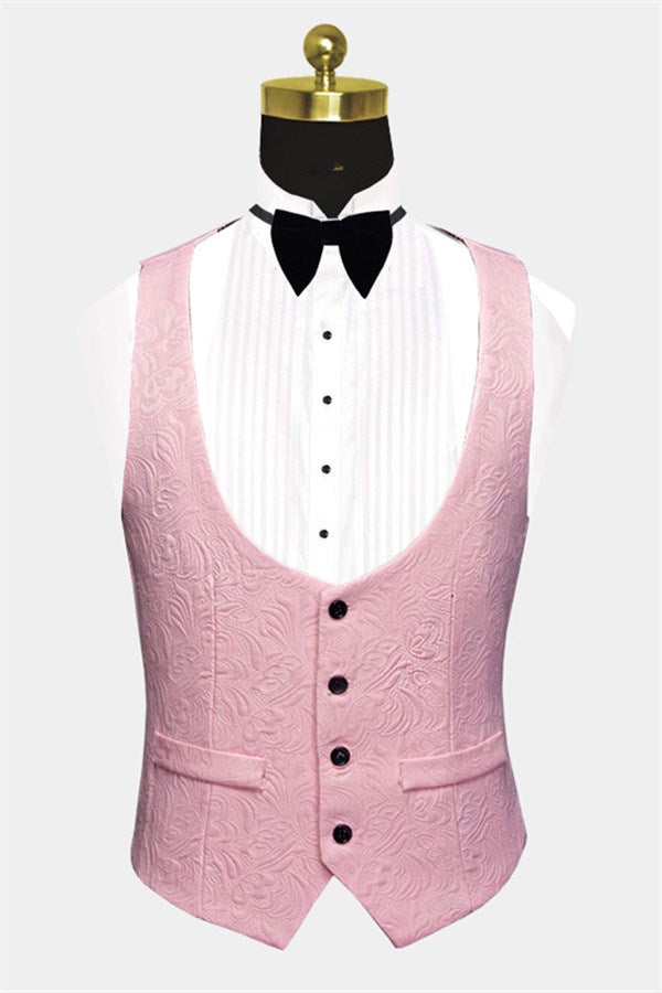 3 Piece Men's Suit with Pink Jacquard for Prom by Black Lapel-Business & Formal Suits-BallBride