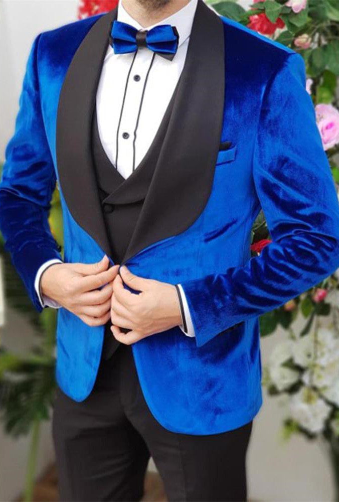 3 Piece Royal Blue Velvet Smoking Suit for Formal Parties and Proms Online-Prom Suits-BallBride