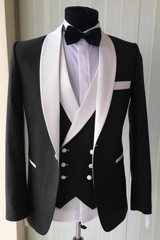 3 Piece Stylish Black Wedding Suit For Men With White Shawl Lapel-Wedding Suits-BallBride