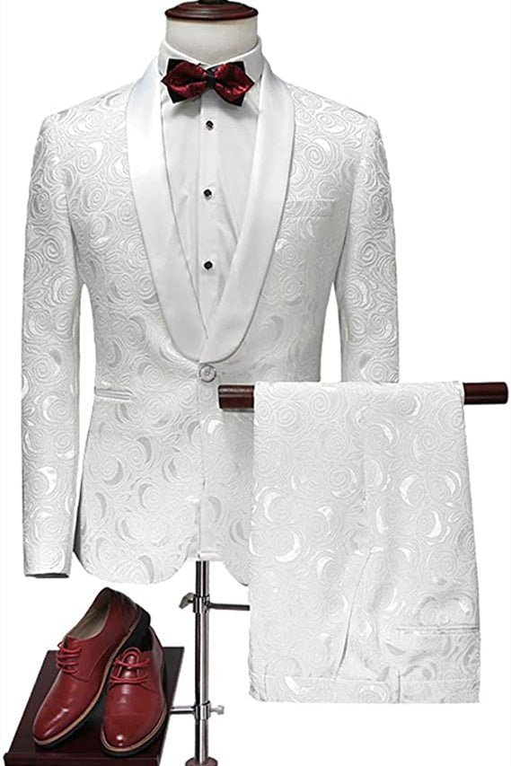 3 Piece White Jacquard Shawl Lapel Blazers Wedding Tuxedos For Men-Wedding Suits-BallBride