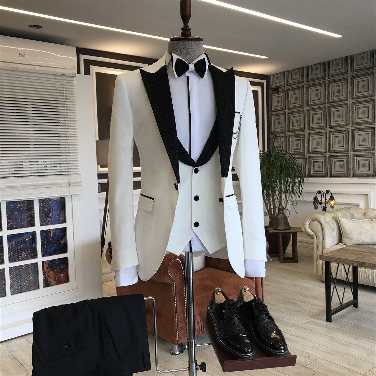 3 Piece White Party Prom Suits For Man with Black Peaked Lapel-Prom Suits-BallBride