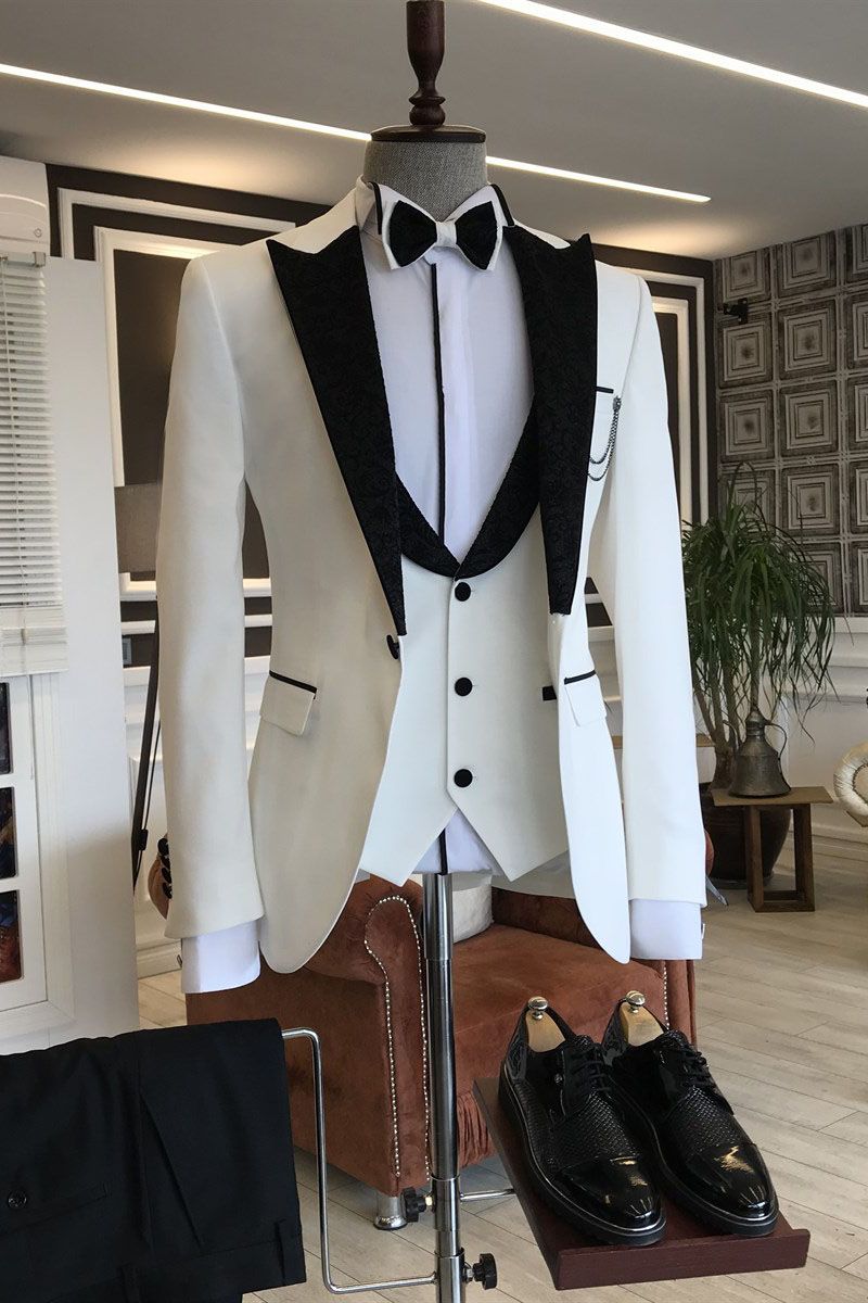 3 Piece White Party Prom Suits For Man with Black Peaked Lapel-Prom Suits-BallBride