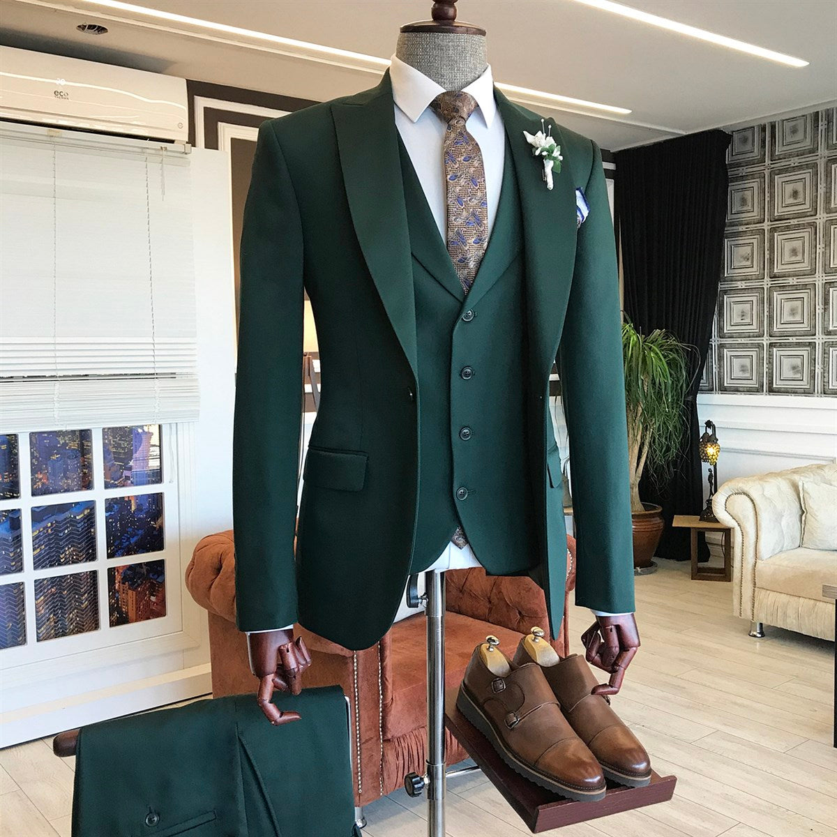 3 Pieces Dark Green Dinner Suit for Men with Peaked Lapel-Prom Suits-BallBride
