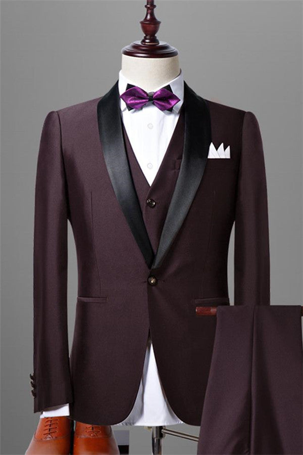 3 Pieces Slim Fit Dark Maroon Shawl Lapel Wedding Tuxedos for Men-Wedding Suits-BallBride