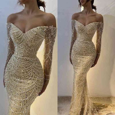 Beautiful Long Sleeves Off-the-Shoulder Prom Dress Mermaid Pearls With Beads