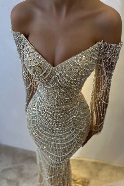 Beautiful Long Sleeves Off-the-Shoulder Prom Dress Mermaid Pearls With Beads