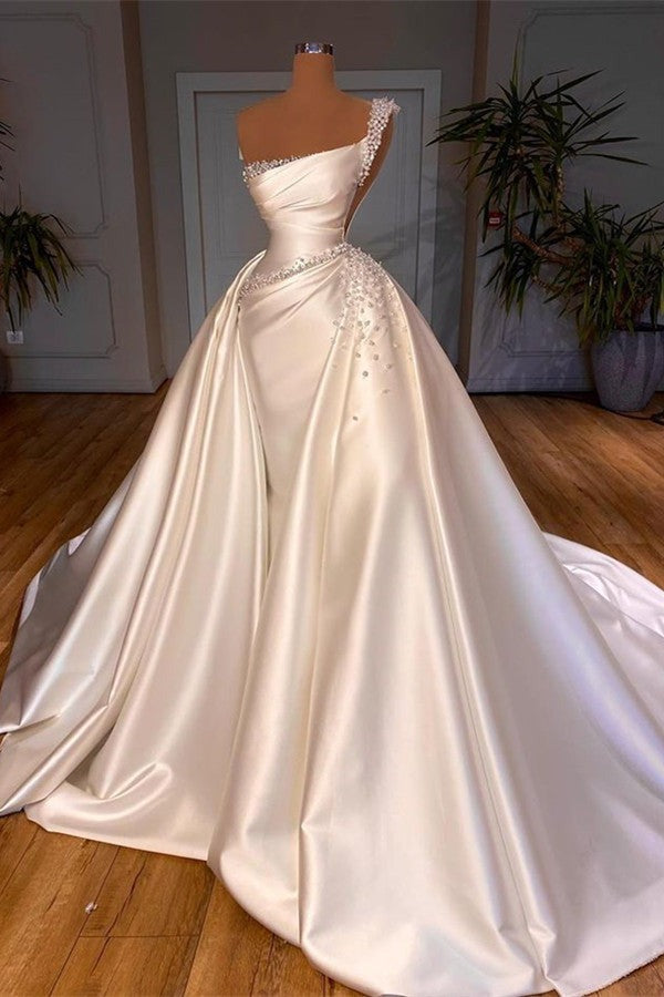 Glamorous Long One Shoulder Pearl Wedding Dress Overskirt Bridal Gowns-Wedding Dresses-BallBride