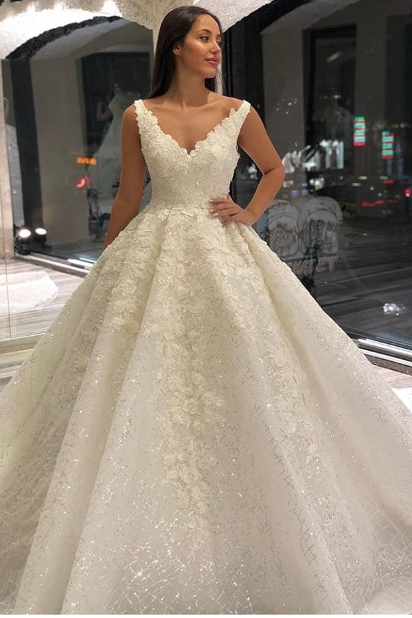A-Line Deep V-neck Floor-length Wedding Dress With Appliques Lace Sequins - Vintage-Wedding Dresses-BallBride