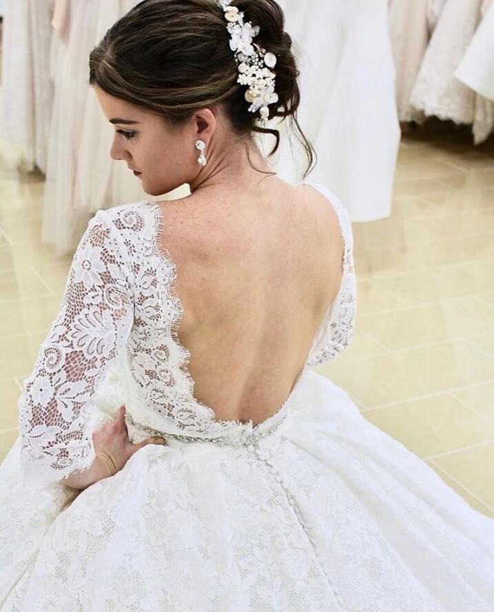 A-line Lace Backless Wedding Dress with Sleeves-Wedding Dresses-BallBride