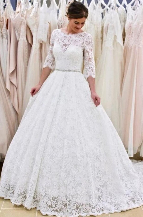 A-line Lace Backless Wedding Dress with Sleeves-Wedding Dresses-BallBride