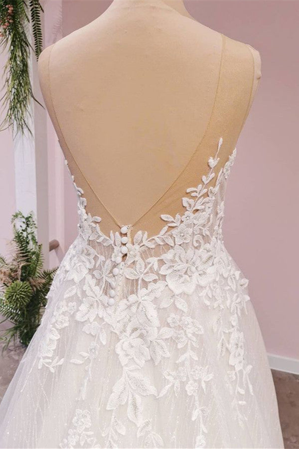 A-Line Lace Tulle Backless Wedding Dress With Sweetheart Appliques-Wedding Dresses-BallBride