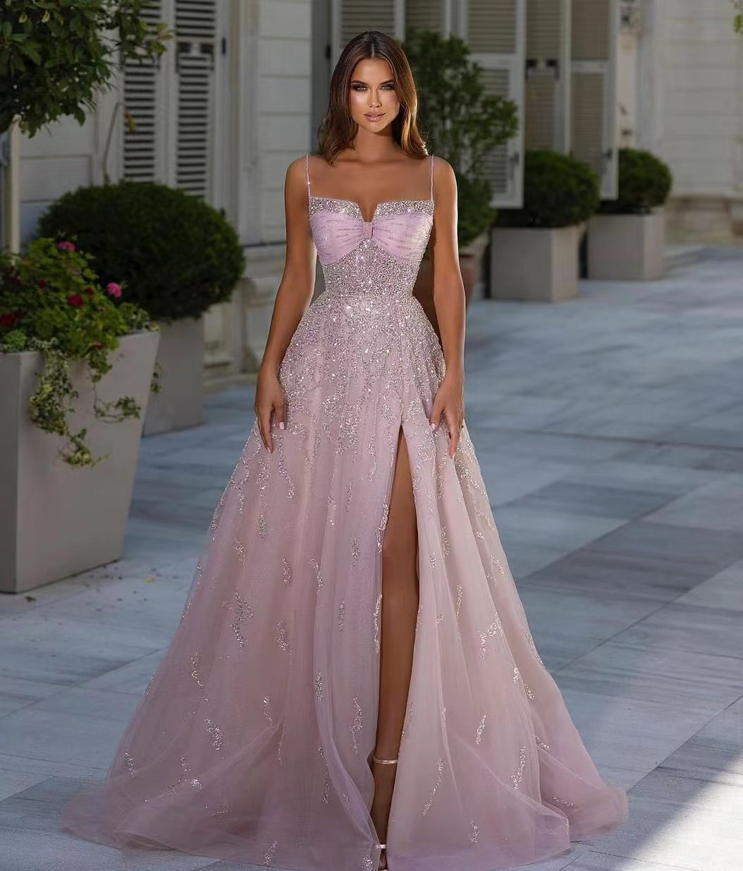 A-Line Long Prom Dress with Slit, Classic Pink Spaghetti-Straps, Beads-Occasion Dress-BallBride