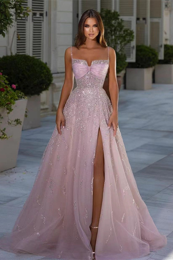 A-Line Long Prom Dress with Slit, Classic Pink Spaghetti-Straps, Beads-Occasion Dress-BallBride