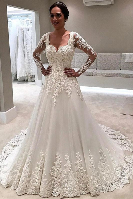 A-Line Long Sleeves Lace Appliques Wedding Dress-Wedding Dresses-BallBride