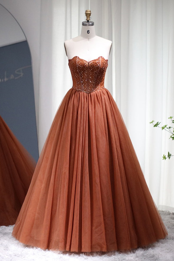 A Line Prom Dress - Strapless Tulle Floor Length with Appliques-BallBride