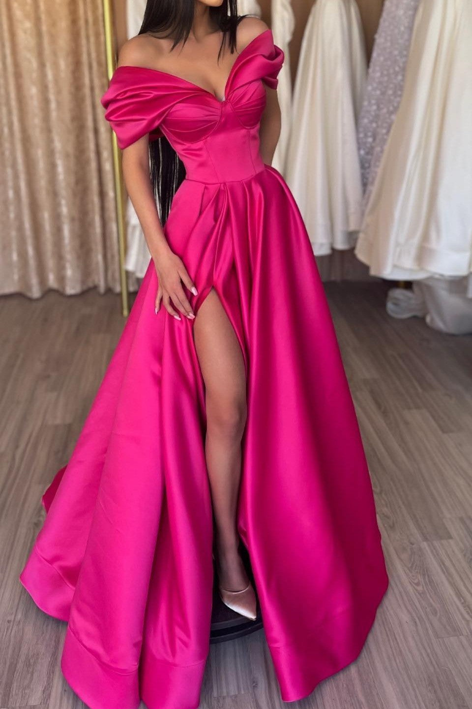 A-Line Prom Dress with Fuchsia Portrait and Split Detail-BallBride