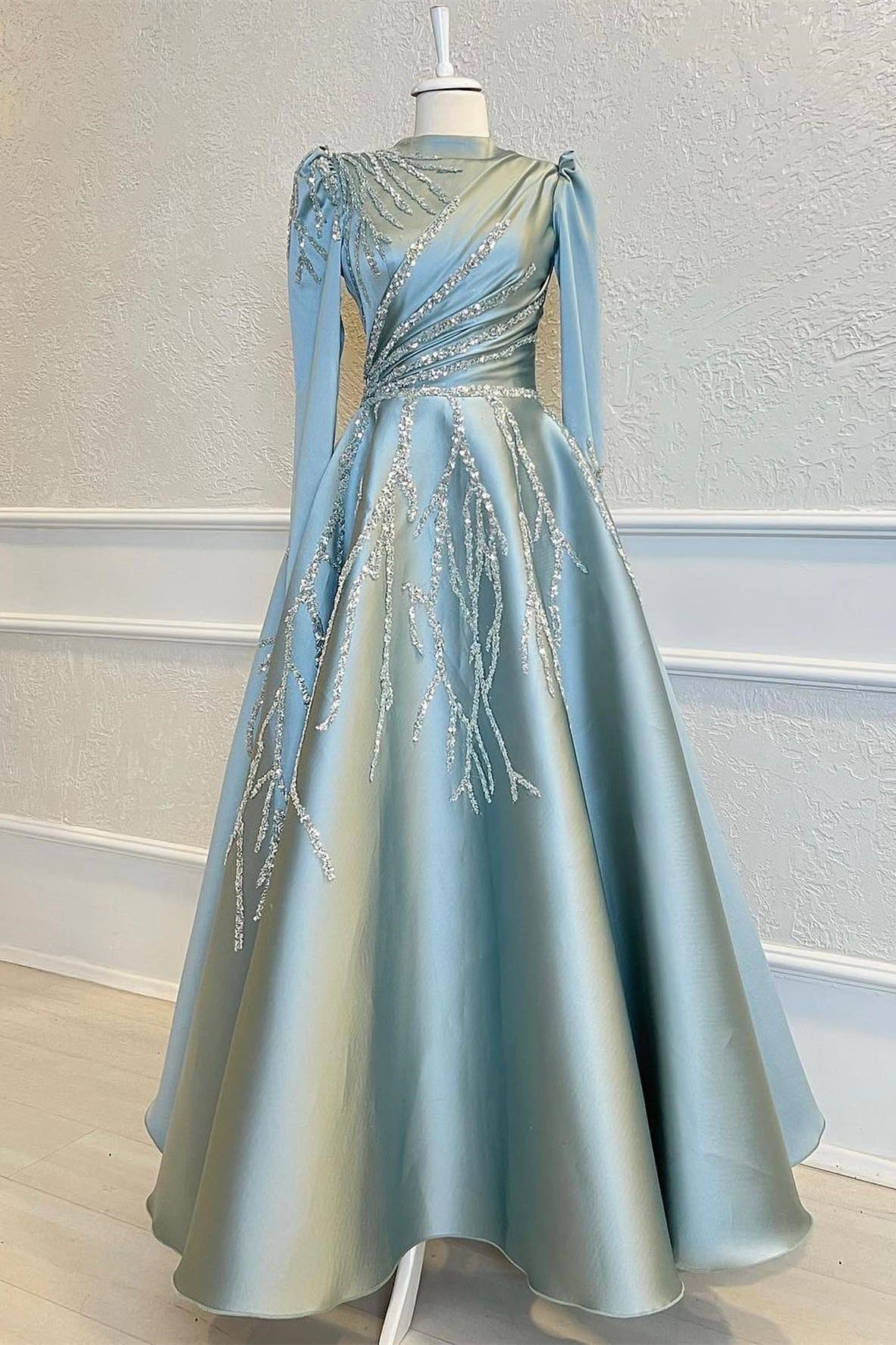 A-Line Prom Dress with Pleated Appliques and Beads - High Collar Long Sleeves-BallBride