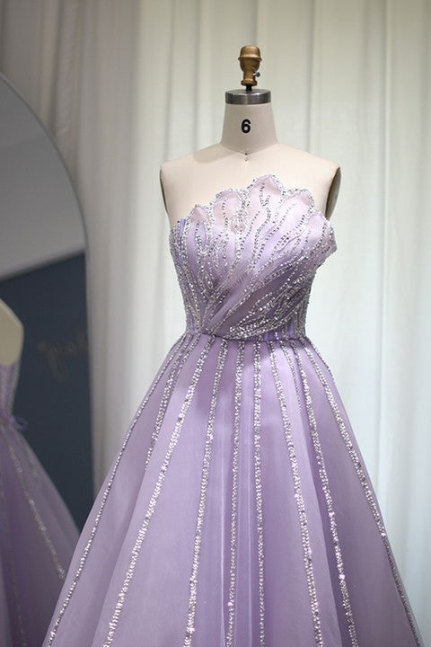 A Line Sleeveless Prom Dress with Flower Strapless Tulle and Appliques Sequins-BallBride