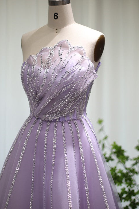 A Line Sleeveless Prom Dress with Flower Strapless Tulle and Appliques Sequins-BallBride