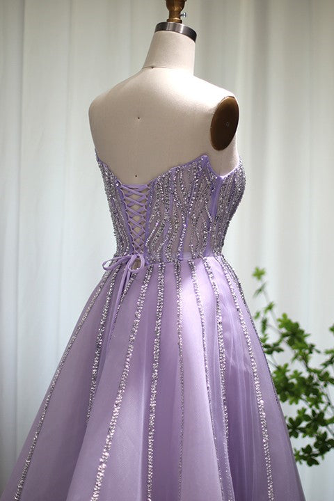 A Line Sleeveless Prom Dress with Flower Strapless Tulle and Appliques Sequins-BallBride