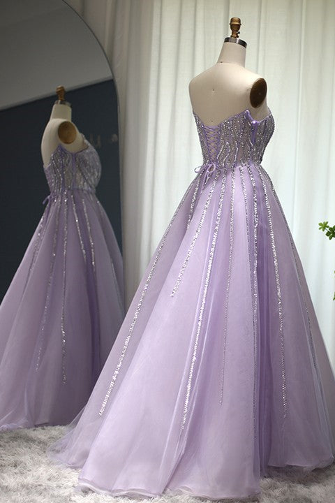 A Line Sleeveless Prom Dress with Flower Strapless Tulle and Appliques Sequins-BallBride