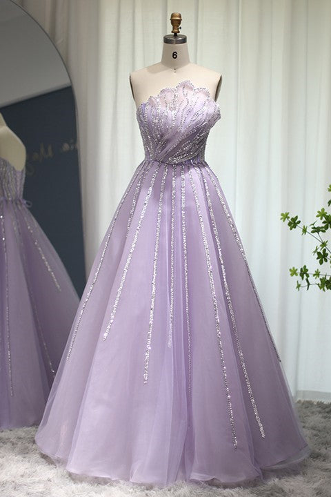 A Line Sleeveless Prom Dress with Flower Strapless Tulle and Appliques Sequins-BallBride