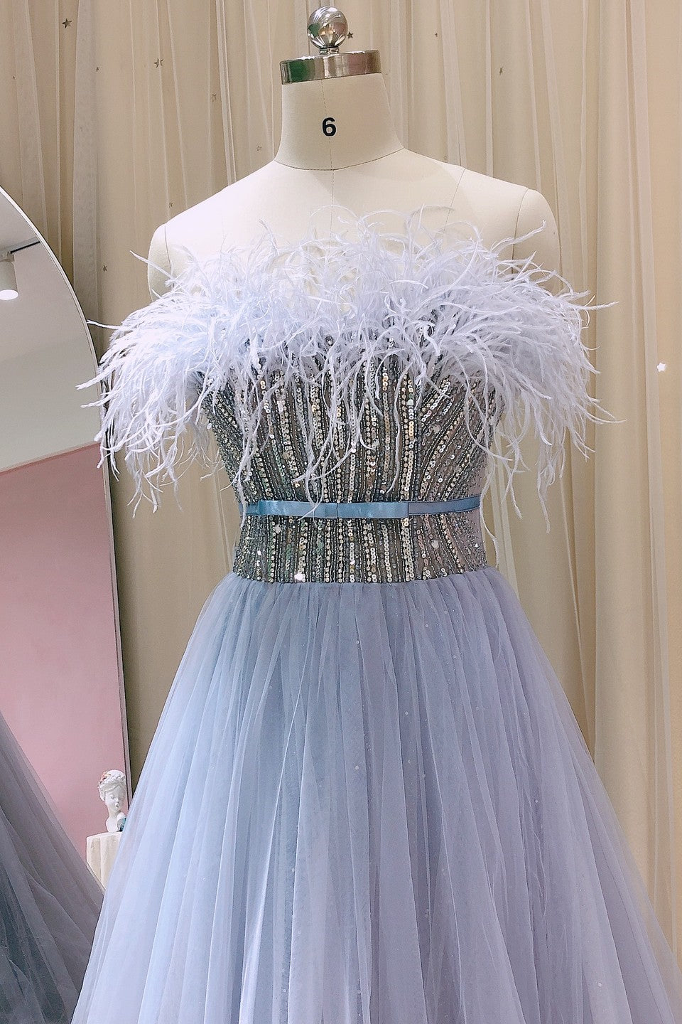 A Line Strapless Prom Dress with Tulle and Feathers Appliques - Amazing!-BallBride