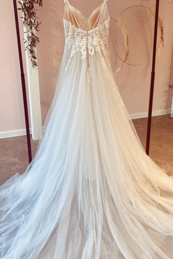 A-Line Sweetheart Appliques Lace Floor-length Wedding Dress with Ruffles Tulle-Wedding Dresses-BallBride