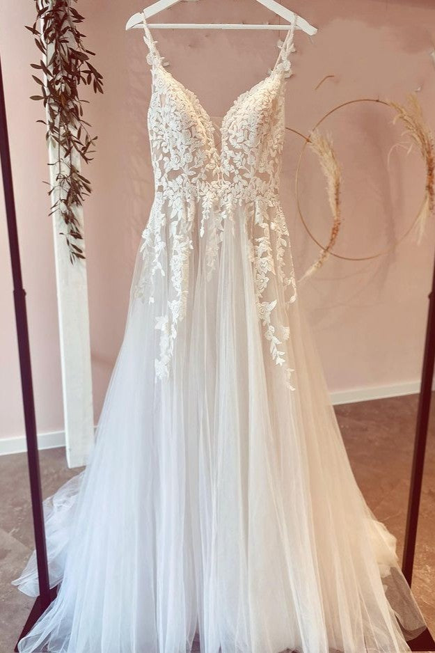 A-Line Sweetheart Appliques Lace Floor-length Wedding Dress with Ruffles Tulle-Wedding Dresses-BallBride