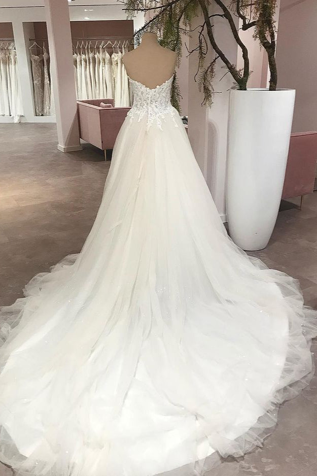 A-Line Sweetheart Backless Lace Floor-length Wedding Dress with Tulle Appliques-Wedding Dresses-BallBride