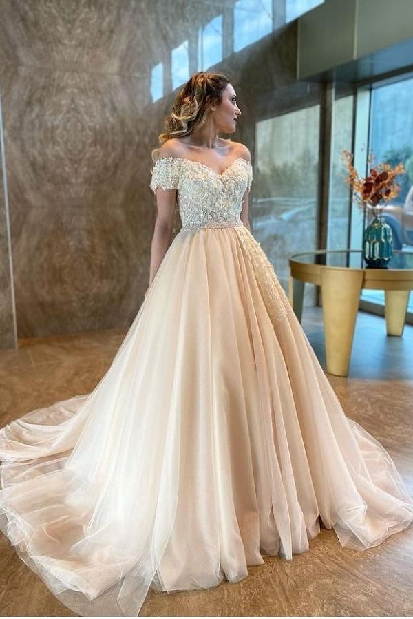A-Line Sweetheart Off-the-Shoulder Backless Wedding Dress with Tulle Appliques Lace-Wedding Dresses-BallBride