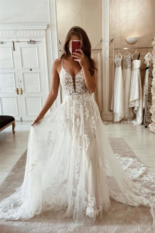 A-Line Tulle Spaghetti-Strap Lace Wedding Dress - Now On Sale!-Wedding Dresses-BallBride