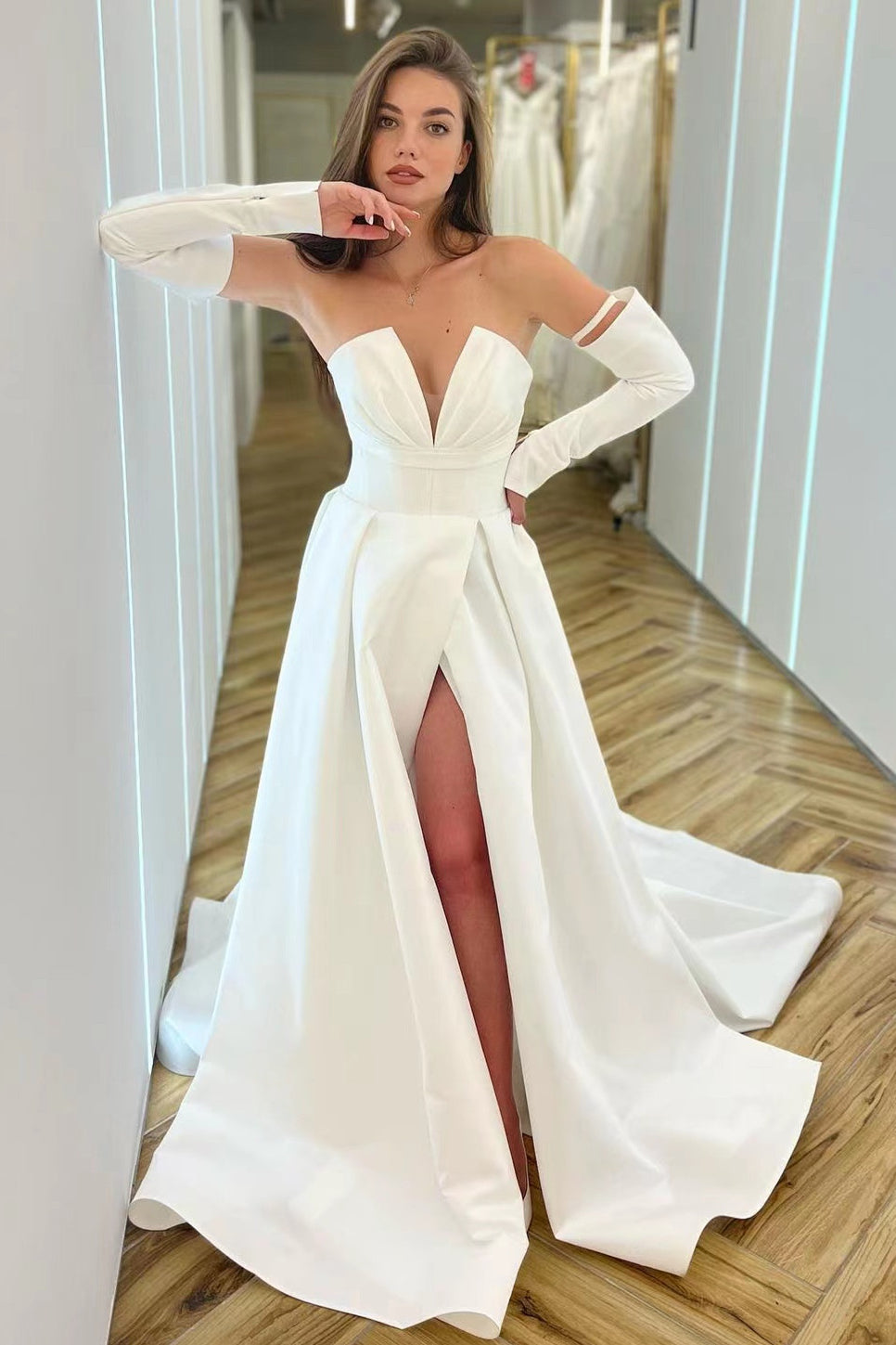 A-Line V-Neck Long Sleeved Prom Dress with Split - White-BallBride