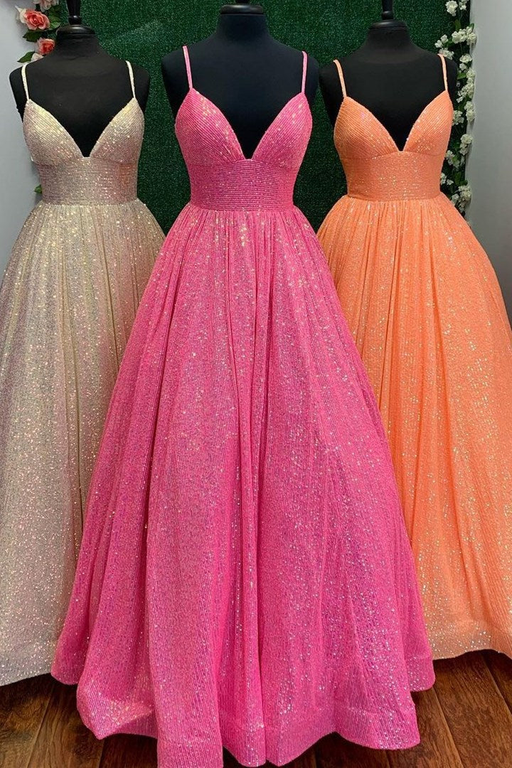 A Line V-Neck Prom Dress - Sparkling Appliques and Spaghetti-Straps-BallBride